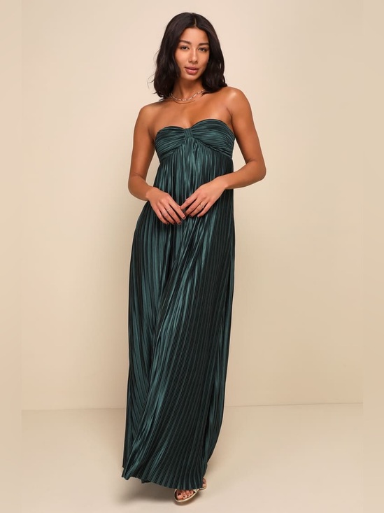 Lulus Dresses & Skirts - Lulus Whimsical Beauty Emerald Green Satin Plisse Strapless Maxi Dress NEW Large